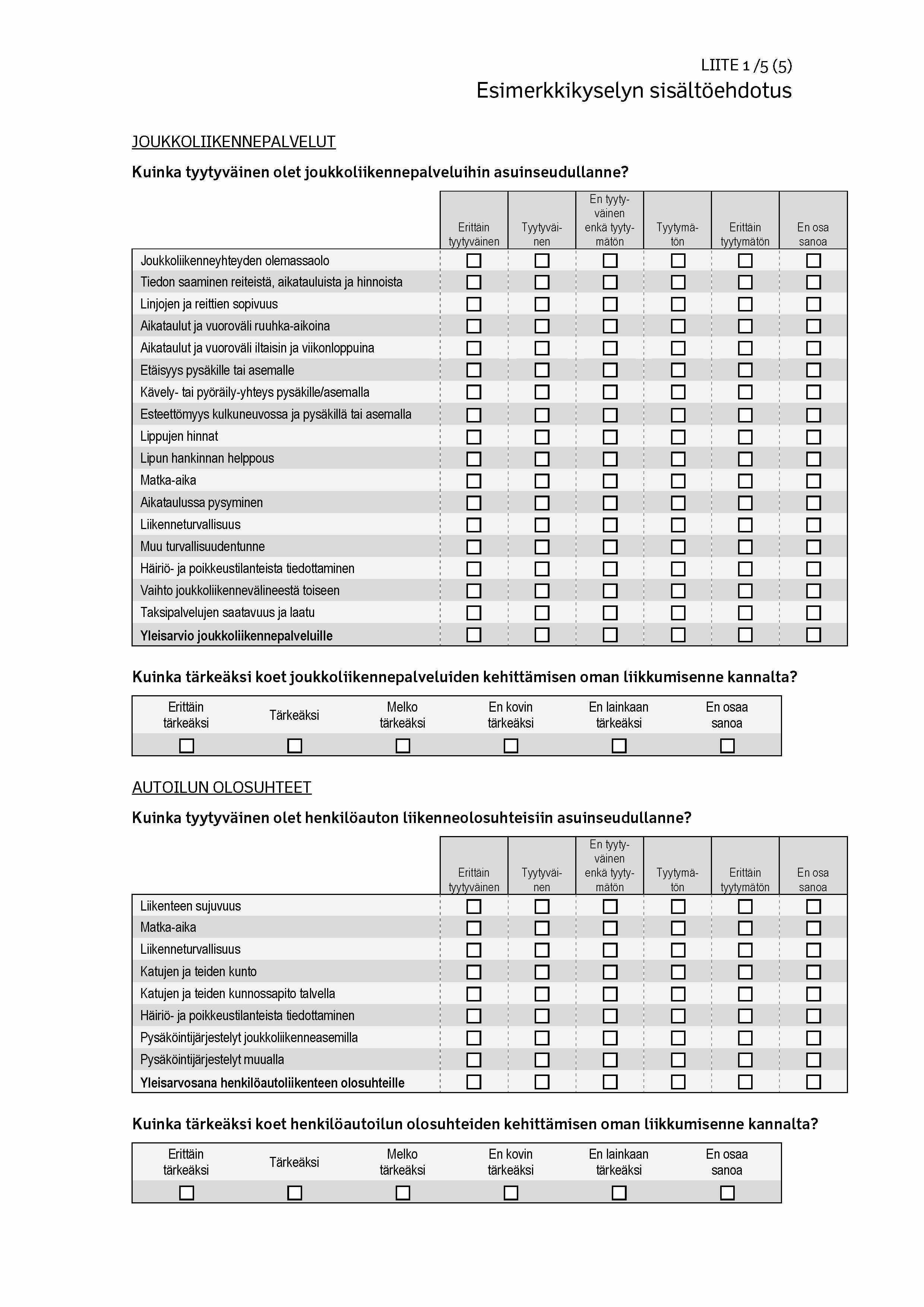 L IIT E 1 / 5 ( 5 ) Esimerkkikyselyn sisältöehdotus JOUKKOLIIKENNEPALVELUT Kuinka tyytyväinen olet joukkoliikennepalveluihin asuinseudullanne?