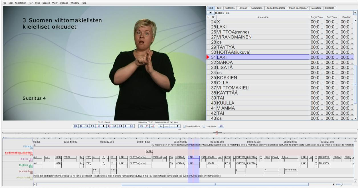 32 osoittavasta punaisesta viivasta näkyy, viittomakielinen ja suomenkielinen teksti sekä glossit kulkevat aineistossa samanaikaisesti.