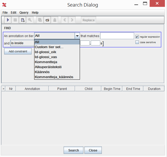 Vasemmanpuoleiseen kuvaan An annotation on tier -valikosta on kohdistettu haku kaikkiin annotaatioriveihin (Käännös, Kommentteja_Käännös, Id-glossi_oik, Id-glossi_vas, Kommentteja ja