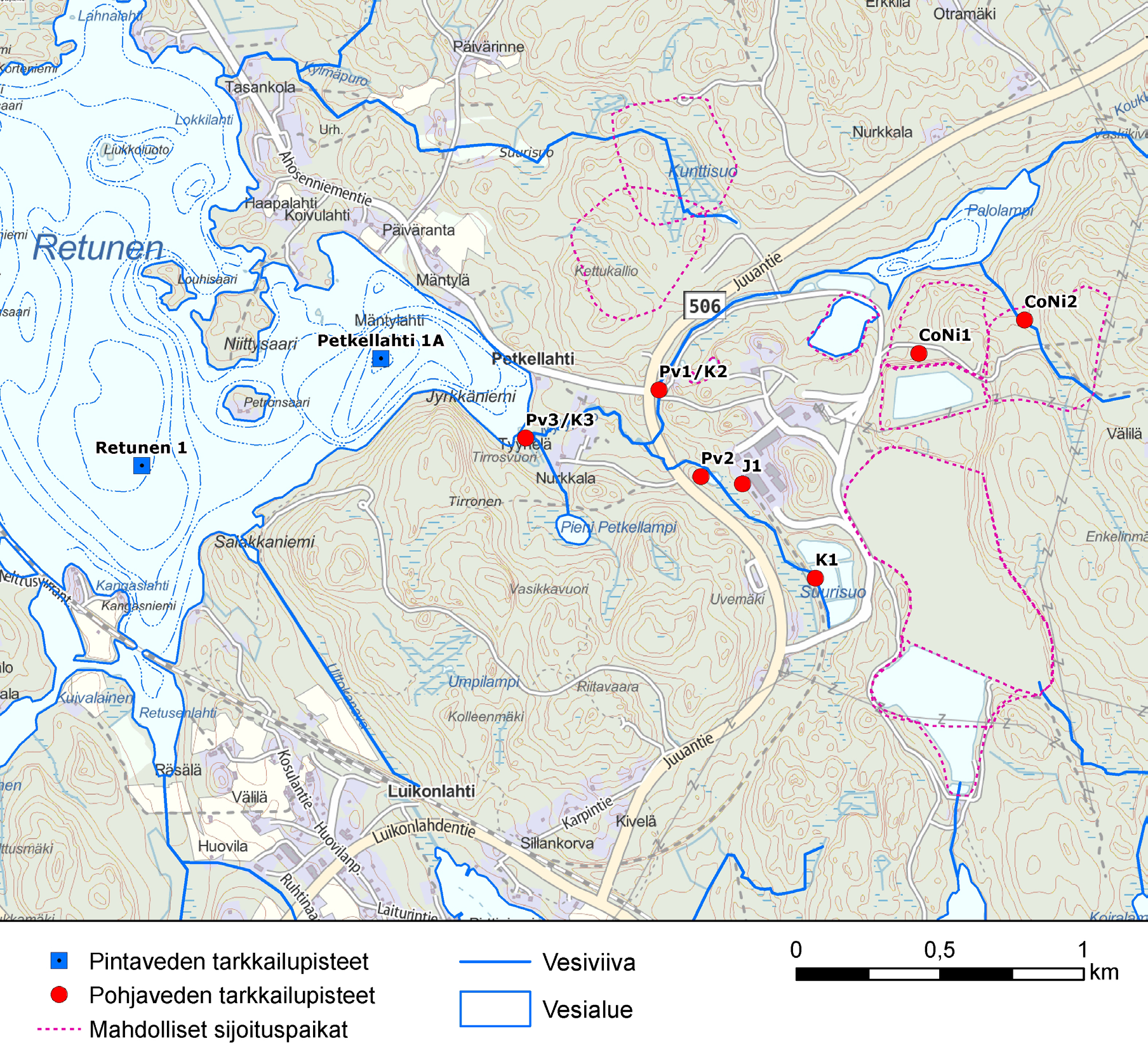Kuva 6-21. Pintaveden tarkkailupisteet Retusen valuma-alueella (Savo-Karjalan Ympäristötutkimus Oy, 2014). ta. Vanhan kaivostoiminnan kuormitus näkyy Petkellahden alusvedessä korkeina sulfaatti-, nikkeli-, koboltti- ja sinkkipitoisuuksina (taulukot 6-14 6-17).