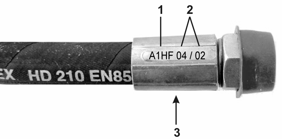 Puhdistus, huolto ja kunnossapito 11.8.1 Hydrauliletkujen tunnusmerkintä Kiinnityspään merkintä ilmoittaa seuraavat tiedot: Kuva 40/.