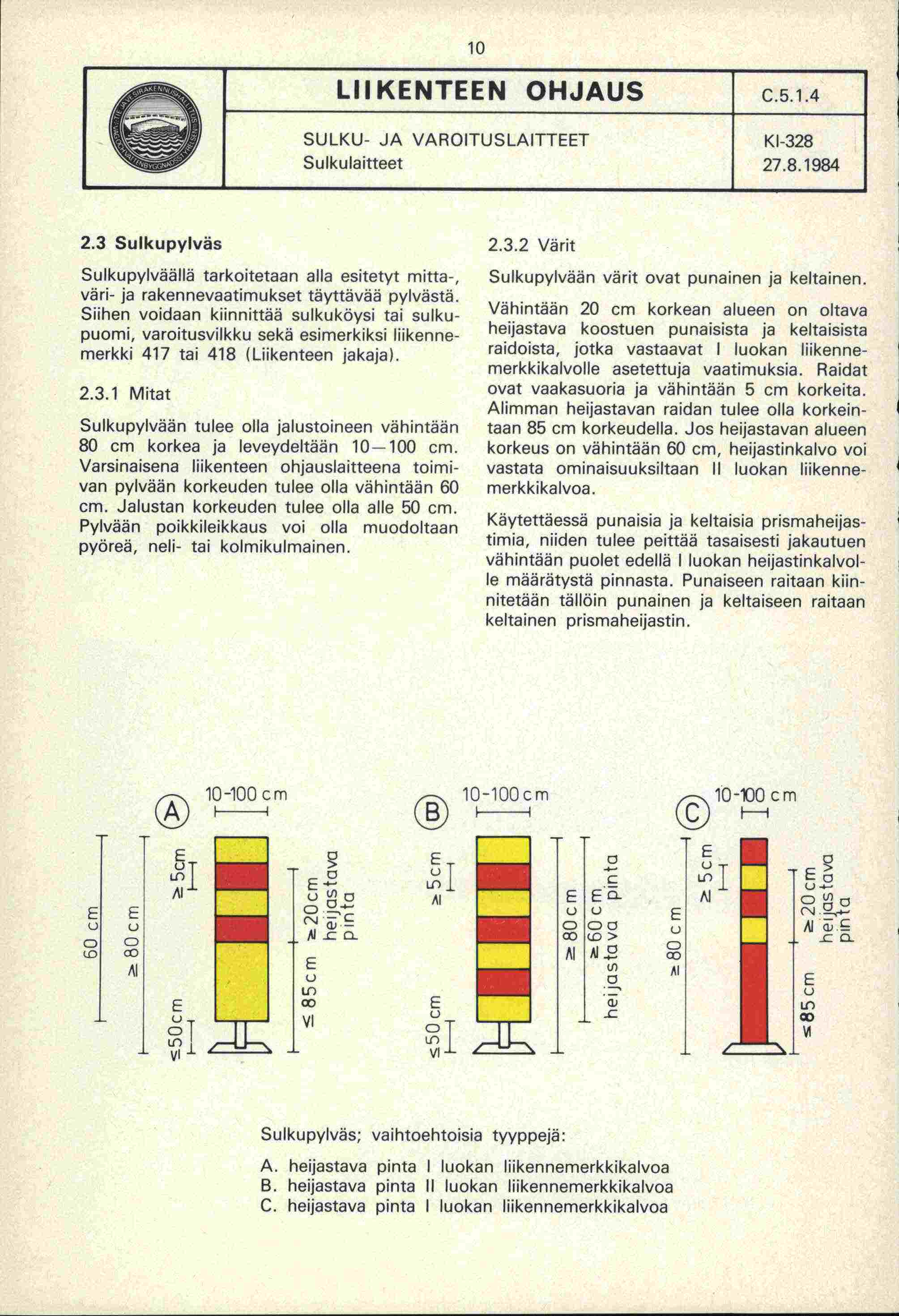 IL LIIKNTN OHJAUS.5.1.4 SULKU- JA VAFOITUSLAITTT Sulkulaitteet Kl-328 2.3 Sulkupylväs Sulkupylväällä tarkoitetaan alla esitetyt mitta-, väri- ja rakennevaatimukset täyttävää pylvästä.