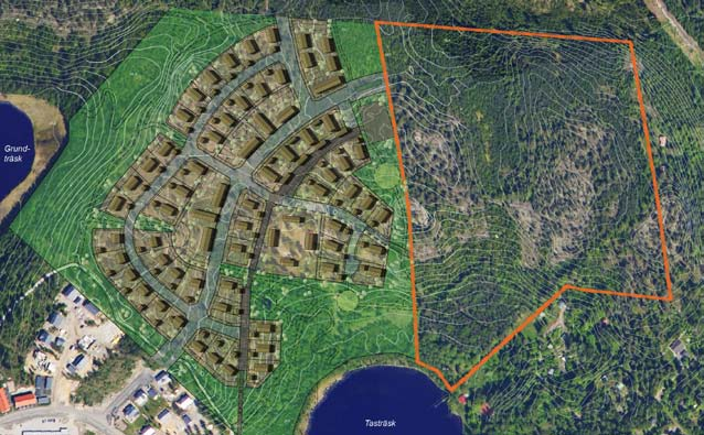 Ilmakuva v. 2009 ja Taasjärvi II:n havainnekuva. Kaava-alueen alustava rajaus esitetty kuvassa punaisella. Flygbild av planområdet från år 2009 och illustration över Tasträsk II.