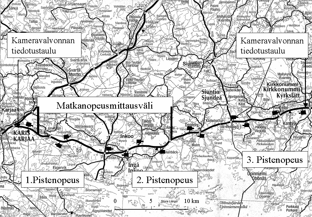 Kuva 1. Valvontajakso kameroineen ja tutkimuksen mittauskohteet valvontajaksolla (valvonta-alueella oli myös useita kameravalvonnan toistoliikennemerkkejä). Taulukko 1.