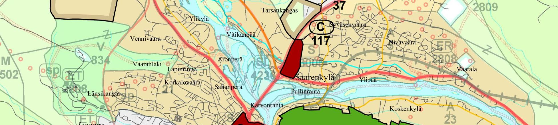 Merkinnällä osoitetaan keskustahakuisten palvelu-, hallinto- ja muiden toimintojen, kuten asumisen alueita, niihin liittyvine liikennealueineen ja viheryhteyksineen.