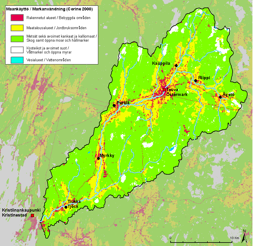 Kuva 5. Corine-aineiston mukainen maankäyttö Teuvanjoen vesistöalueella. ( SYKE, ELY-keskukset; maankäyttö Corine 20