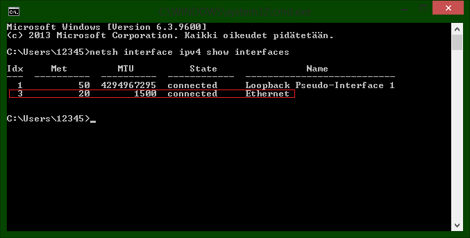 48 Kuva 14. Verkkokortin Ethernet-protokollaa vastaavan loogisen yksikön selvittäminen Windowsympäristössä.