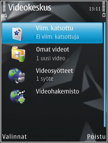 Televisio ja video Nokia-videokeskus Nokia Videokeskus -palvelun (verkkopalvelu) avulla voit hakea ja suoratoistaa videoleikkeitä verkon kautta yhteensopivasta Internetin videopalvelusta
