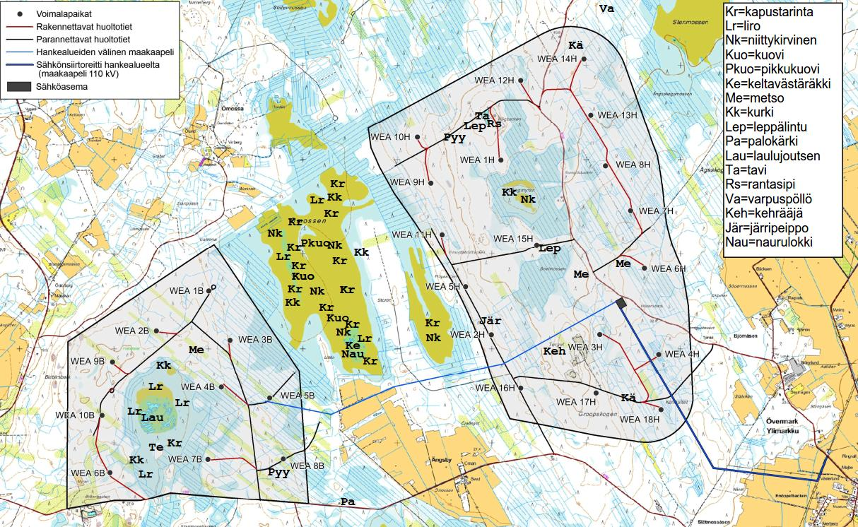 YMPÄRISTÖVAIKUTUSTEN ARVIOINTISELOSTUS 124 / 235 Kuva 71. Huomionarvoiset pesimälajit selvitysalueella kesällä 2013 (kartasta poistettu päiväpetolinnut sekä pöllöjen pesäpaikat).