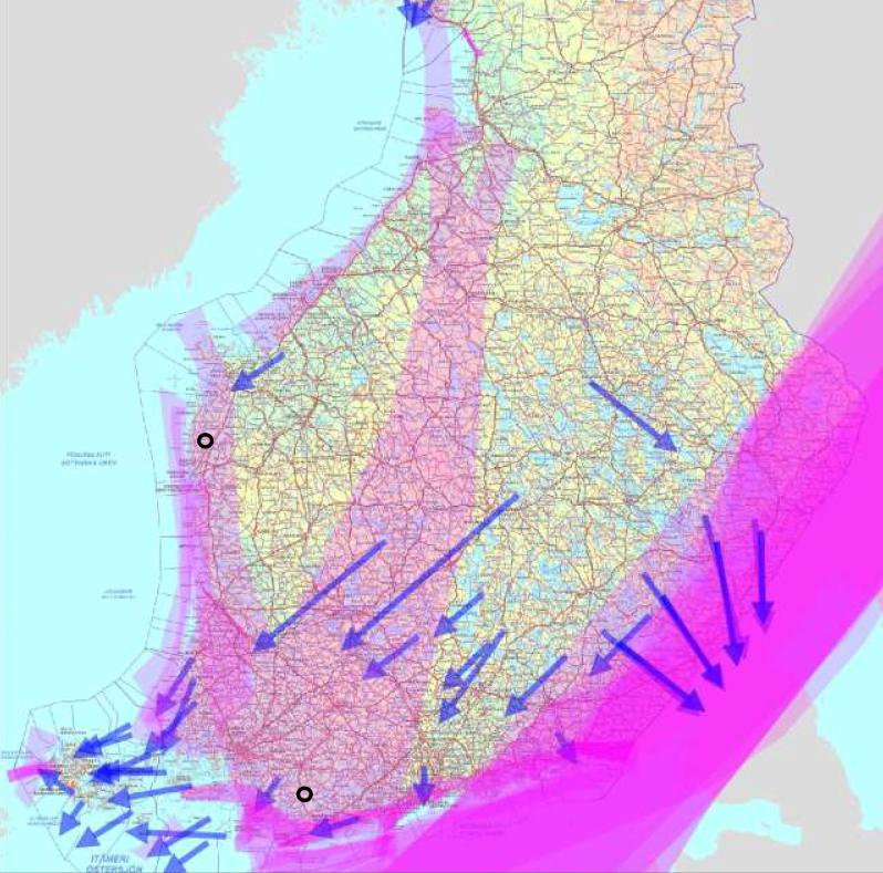 YMPÄRISTÖVAIKUTUSTEN ARVIOINTISELOSTUS 126 / 235 Kuva 73. Lintujen päämuuttoreitit syksyllä, Hedet-Björkliden hankealue lisätty karttaan mustalla ympyrällä (lähde: Toivanen ym.