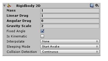 15 KUVA 7. Rigidbody 2D -komponentti Unity editorissa Kuvassa 7 näkyy Rigidbody 2D -komponentin keskeiset ominaisuudet, joihin päästään vaikuttamaan suoraan editorin kautta.