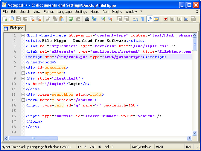Kuva 2.3 Koodin väritys Notepad++-ohjelmassa Kuvassa 2.3 oleva ohjelmakoodi on HTML-kieltä. Korostettavan kielen saa halutessaan vaihdettua klikkaamalla Language ylhäällä olevasta valikosta.