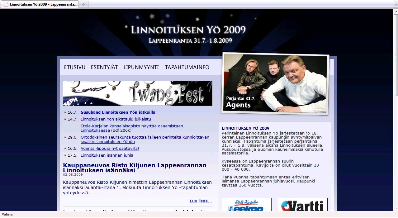 Kuva 3.1 Linnoituksen Yön WWW-sivut vuonna 2009 Vanhoilla sivuilla oli tumma värimaailma, ja vaikutti muutenkin siltä, että Linnoituksen Yö on vain illalla järjestettävä musiikkijuhla.