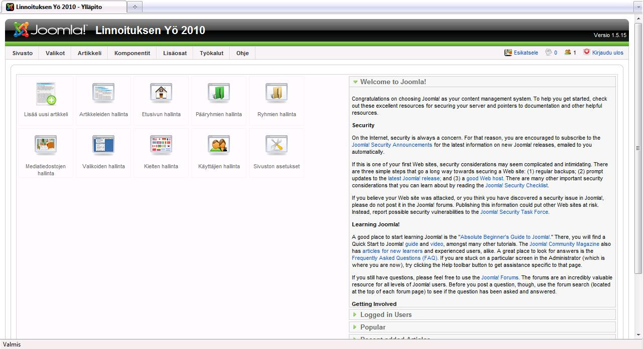 Kuva 4.2 Joomla!:n pääsivu Pääsivulla on myös ylälaidassa vasemmalla valikko, josta pystyy muuttamaan järjestelmän tarkempia ominaisuuksia ja asetuksia.