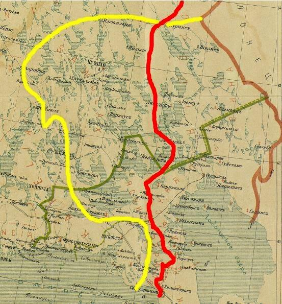 Ruotsin ja Venäjän rajamuutokset Oheisessa 1800-luvun venäläisessä kartassa venäläinen näkemys länsirajan muutoksista eri rauhoissa: Keltainen - Pähkinäsaari 1323 Punainen Täyssinä 1595 Ruskea