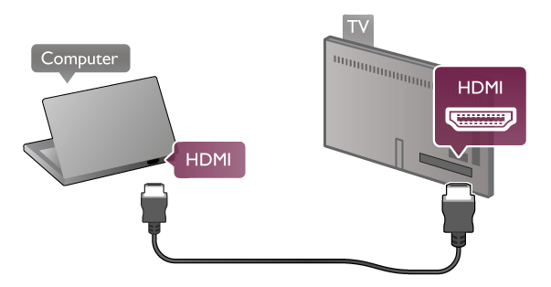 1 - Paina o OPTIONS-painiketta valitse o Asetukset valikkoriviltä. 2 - Valitse Kuvasuhde > Skaalaamaton ja paina OK-painiketta. HDMI-liitäntä Liitä tietokone televisioon HDMI-kaapelilla.