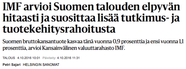 Suomi putoaa T&K-maiden kärkiryhmästä T&K-investoinPen osuus bru-okansantuo-eesta, % 4,6 4,4 4,2 4,0 3,8 3,6 Ruotsi Suomi Yhdysvallat 3,4 3,2 3,0 2,8
