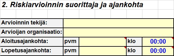 Riskiarviointityökalu OHJE 4 (1) Taulukkoon täytetyt tiedot päivittyvät automaattisesti raporttinäkymään. Arvioinnin suorittamisajankohdan ja arvioinnin tekijän kirjaaminen voi olla tärkeää esim.