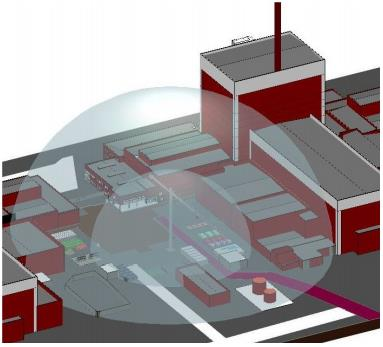 20 Kuva 5. Esimerkkikuva 3D-aluesuunnitelmasta, jossa ulompi alue kuvaa vaara-aluetta ja sisempi alue visualisoi torninosturin kaatumisaluetta [30, s. 15].