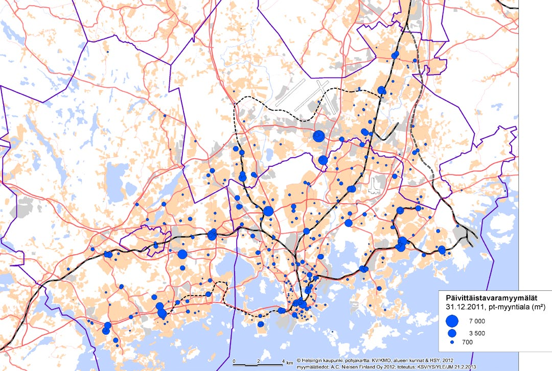 Yleiskaava Selvityksiä YOS 2013 15 Helsinki Helsingin yli 250 päivittäistavaramyymälästä suurin osa on kooltansa alle 1 000 m², joita on 79 % kaupungin päivittäistavaramyymälöistä (198 kpl).
