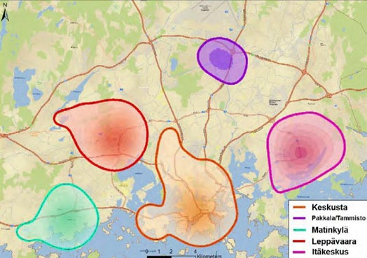 Yleiskaava Selvityksiä YOS 2013 29 Kuva 25. Viiden kaupallisen keskittymän päivittäinen vaikutusalue. (YTK 2010; Kauppakeskukset osana kestävää kulutusta ja kaupunkirakennetta.) Kuva 26.