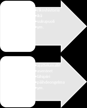 Osa tekijöistä on staattisia eikä niihin voida vaikuttaa (esimerkiksi ikä, sukupuoli, lapsuuden kokemukset) ja osa dynaamisia (esimerkiksi päihtymys, ajatukset, tunteet).