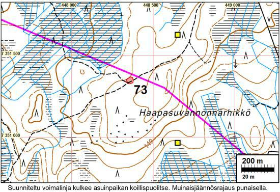 Tiedossa olevat kiinteät muinaisjäännökset voimajohtoreitin alueella tai välittömässä lähiympäristössä. Kuva 5-7.