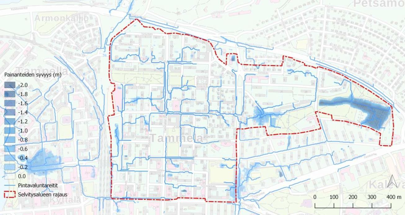 Topografia 4 Alue laskee Rongankadulle, hulevesiviemäröinti