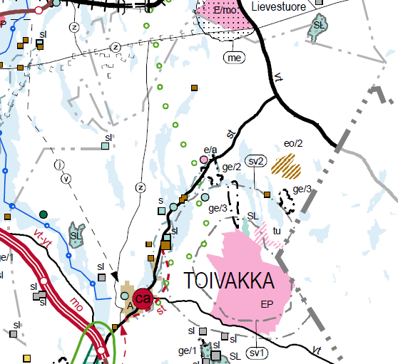Kuva 1. Ote Keski-Suomen maakuntakaavojen yhdistelmästä. Rantayleiskaava Suunnittelualueella on voimassa Toivakan kunnan itäisen alueen rantaosayleiskaava (hyväksytty 12.11.2003, tullut voimaan 1.7.