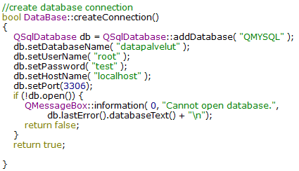 KUVA 20. Tietokantayhteys Funktion createconnection() luomisen jälkeen lisätään DataBaseobjekti main.