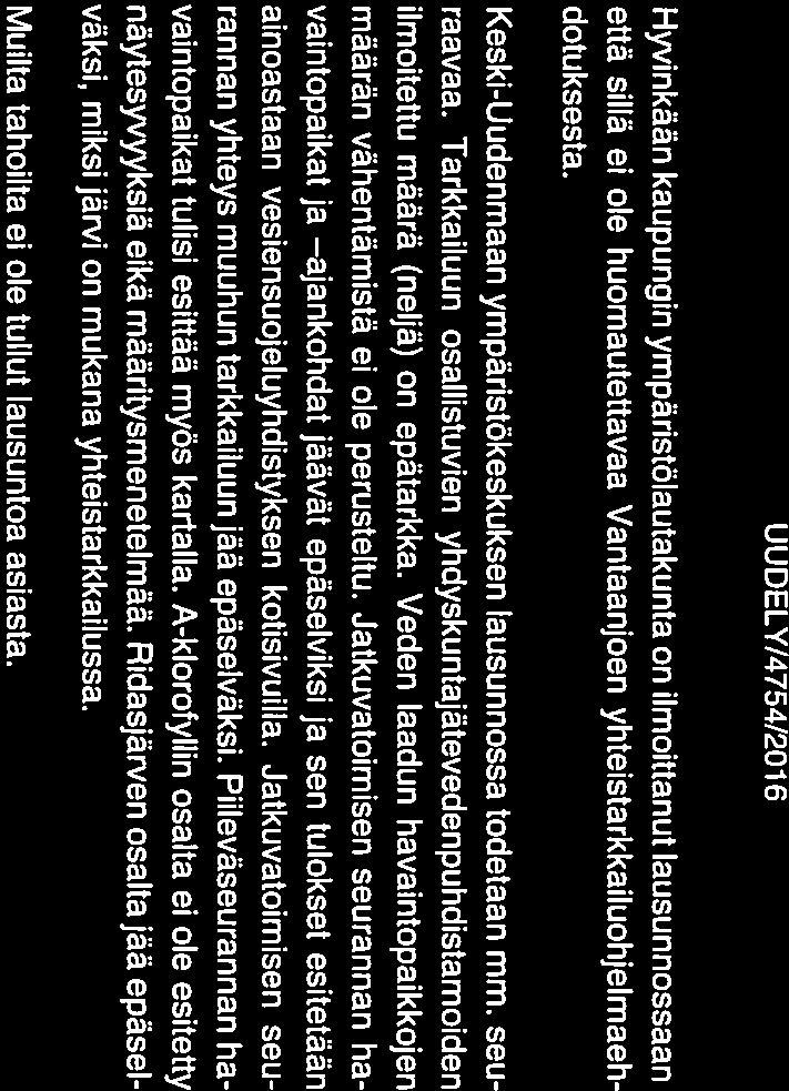 Veden laadun havaintopaikkojen määrän vähentämistä ei ole perusteltu.