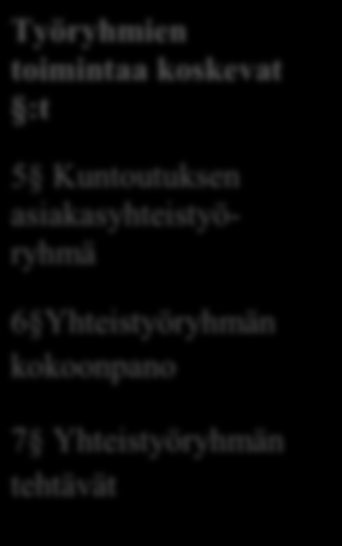 toimintaa koskevat :t 5 Kuntoutuksen asiakasyhteistyöryhmä Toimikunnan toimintaa koskeva 13 Yhteistyötoimikunnan tehtävät 6 Yhteistyöryhmän kokoonpano 7