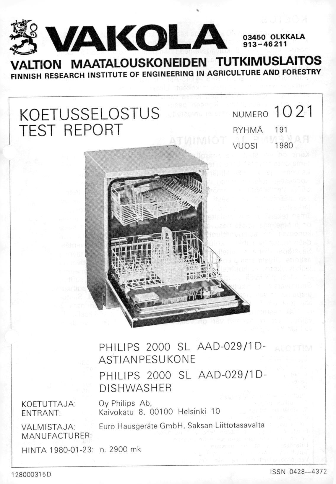 vakidla 03450 OLKKALA 913-46 211 VALTION MAATALOUSKONEIDEN TUTKIMUSLAITOS FINNISH RESEARCH INSTITUTE OF ENGINEERING IN AGRICULTURE AND FORESTRY KOETUSSELOSTUS TEST REPORT NUMERO 1 0 21 RYHMÄ 191