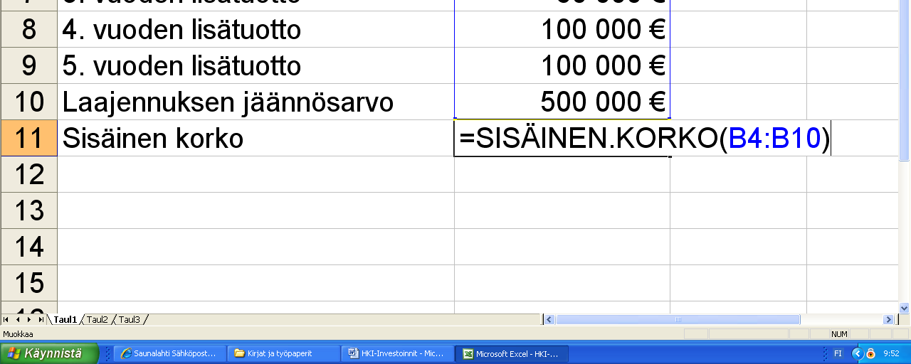 Mikäli sisäisen korkokannan laskemiseen ei käytetä esimerkiksi Excel taulukkolaskinta, on sisäisen korkokannan laskeminen usein työlästä, koska ratkaistavana on n-asteen (n= vuosien lukumäärä)