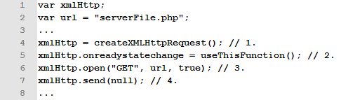 32 3.2.4 Yksinkertainen kysely Palvelimen ja selaimen välinen kommunikaatio hoidetaan Ajaxin XMLHttpRequestobjektin välityksellä seuraavalla tavalla: 1. Luodaan viittaus XMLHttpRequest objektiin. 2.