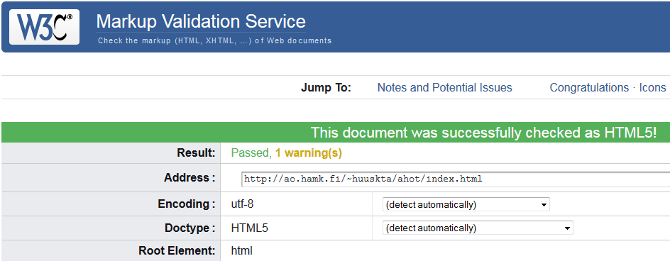 Kuva 35. Valmis sivusto on validoitu HTML5:n mukaiseksi 5.