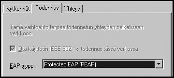 49 Kuva 28. EAP-tyyppi Lisäksi EAP-tyypin ominaisuuksiin määritellään sertifikaattipalvelin, jota käytetään autentikointipalvelimen varmentamiseen.