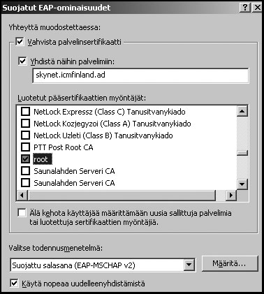 Voidaan määritellä sertifikaattipalvelimen osoite, josta sertifikaatti varmistetaan tai asennetaan kannettavalle tietokoneelle pääsertifikaatti, johon luotetaan.