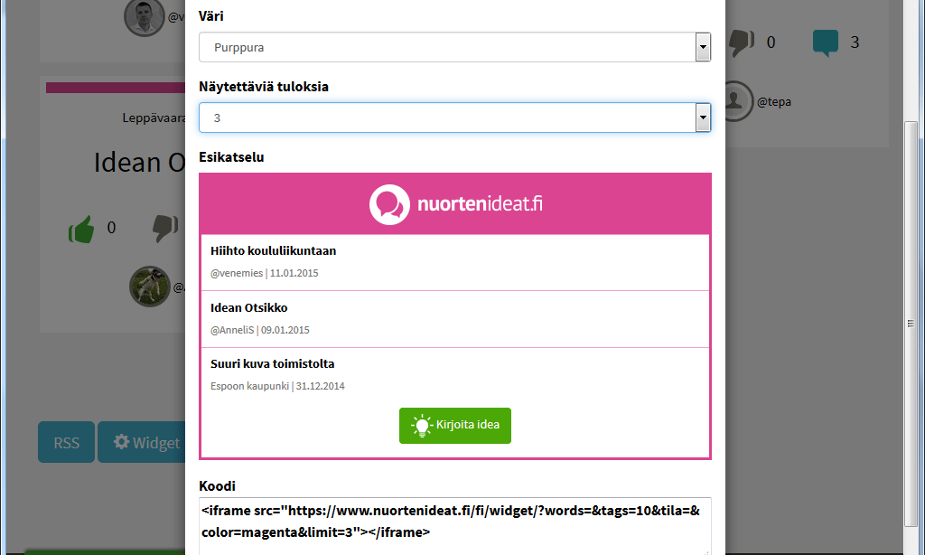 Näkyvyys verkossa - Widget Iframe-koodin lisäämällä saat ideat näkyviin nuorille suunnatuissa verkko-palveluissa tärkeää palvelun näkyvyydelle! Mene osoitteeseen www.nuortenideat.