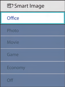 Valittavanasi on kuusi tilaa: Office (Toimisto), Photo (Valokuva), Movie (Elokuva), Game (Peli), Economy (Säästö) ja Off (Pois) päältä. 3.2 SmartContrast Määritelmä?