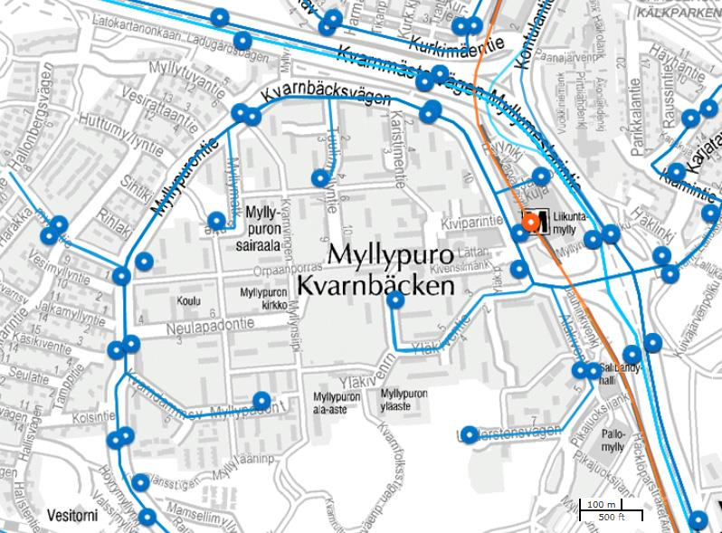 Metroasema, etäisyys kaava-alueelta 570 900 metriä Linja-autojen palvelulinjoja liikennöi Myllypurontiellä, Yläkiventiellä,