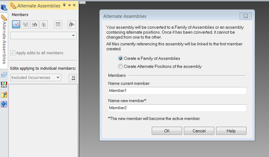 48 Kuvio 16. Alternate Assemblies Kun kokoonpano on muokattu kokoonpanoperheeksi, luodaan siihen tarvittava määrä uusia jäseniä.