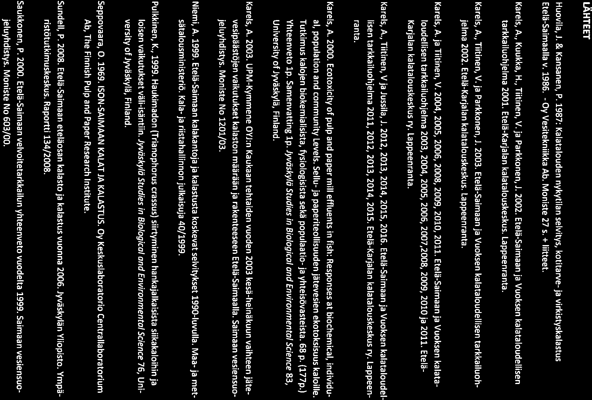 LÄHTEET Huovila, J. & Kansanen, P. 1987: Kalatalouden nykytilan selvitys, kotitarve- ja virkistyskalastus Etelä-Saimaalla v. 1986. - Oy Vesitekniikka Ab. Moniste 27s. + liitteet. Karels, A.