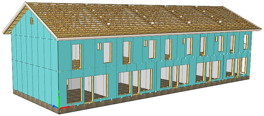 6.1.1 Rivitalon 3D-malli Jäykistysjärjestelmän toiminnan kuvauksessa hyödynnetään kohteen 3D-mallia, joka tehtiin LapWall Oy:n käyttämällä Cadwork-mallinnusohjelmalla rakennesuunnitelma-asiakirjojen