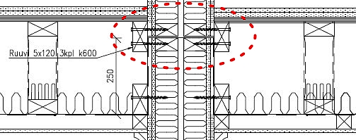 Välipohjan ja sivuseinän liitos Välipohjan ja palokatkoelementin liitoksessa I-palkin paarteena voidaan käyttää välipohjan reunapalkkia.