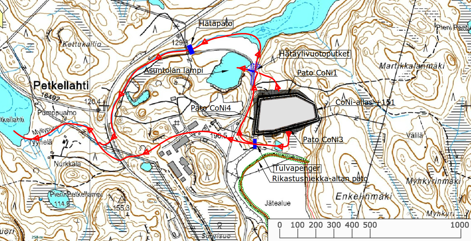 Kuva 8-23. CoNi-rikastealtaan 3. vaiheen mahdollisen patosortuman tulva-aallon kulkeutumisreitit eri tilanteissa.