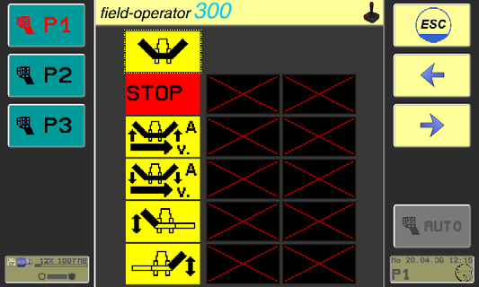 Näyttöön ilmestyy seuraavat symbolit: Toiminto STOP on sijoitettu joystickin tasolle 1 toimintonäppäimeen 7.
