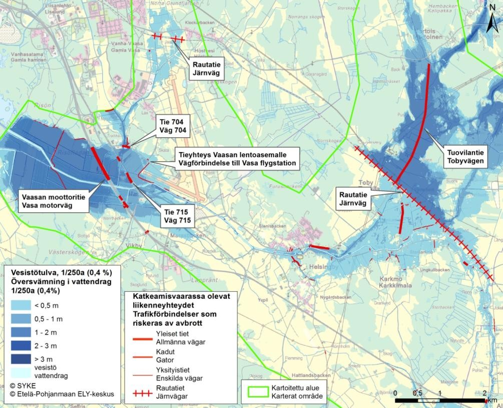 Tulvariskikartoitusraportti iite 6 Kohdassa, jossa aihianjoki alittaa moottoritien, pääsee tulvavesi leviämään laajasti Risöfladanille katkaisemalla moottoritien useasta kohdasta monella eri