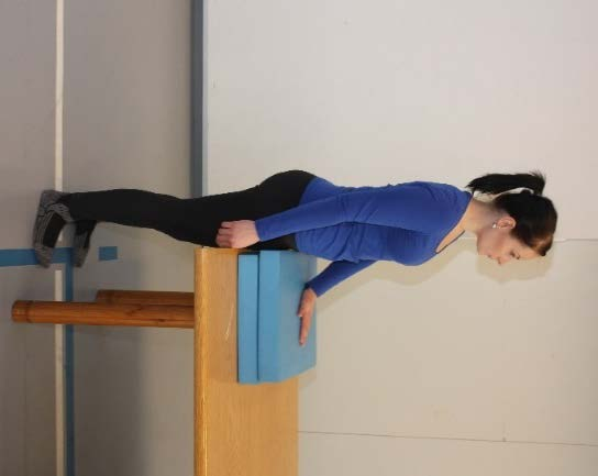 Vaikutus: staattinen tasapaino (kehittävä), pakarat, etu- ja takareidet & vatsa- ja selkälihakset (vahvistava) Harjoite 12b: Seisominen pöydän edessä yhden käden tuella