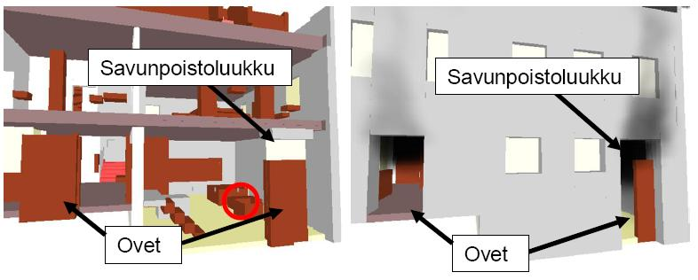 aika laskettiin FDS-Evac-ohjelmalla.